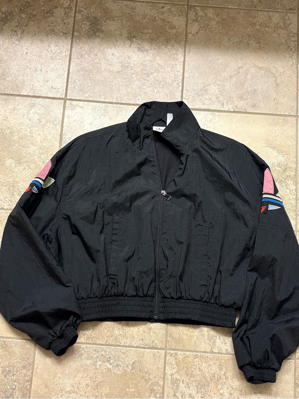 adidas Black Cropped Bomber Jacket with Pink Sleeve Accents